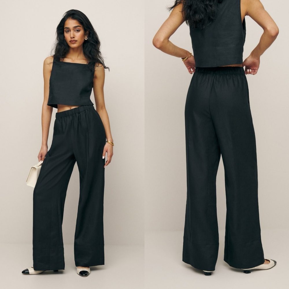 Reformation Fernando Linen Pant in Black Mid Rise Wide Leg